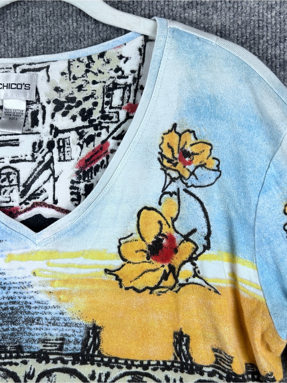 Chicos Scenic European City Landscape Floral 100% Cotton Top Size 2 US Large 12 - Picture 4 of 11